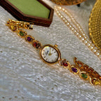 1Pc New High-End Luxury Women'S Watch Embedded with Colorful Tourmalines, Diamonds and an Oval Shaped Mother of Pearl Dial.