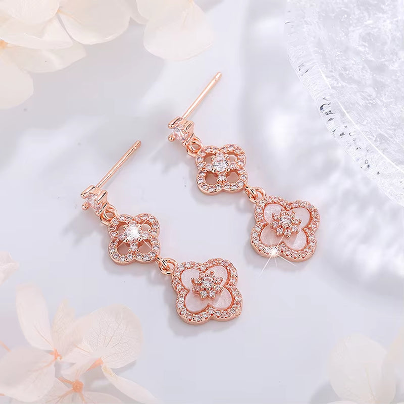 2025 New Exquisite Shiny Rhodium Plated Mother-Of-Pearl Hollow Four-Leaf Clover Pendant Necklace Ring - Women'S Jewelry Gift