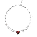 Simple Elegant Heart Design Red Stone Hand Bone Shape Chain Women Men Necklace Heart Style Charm Chain Choker Jewelry Gifts
