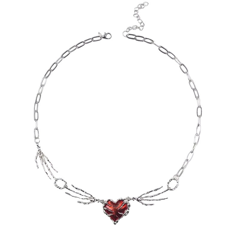 Simple Elegant Heart Design Red Stone Hand Bone Shape Chain Women Men Necklace Heart Style Charm Chain Choker Jewelry Gifts