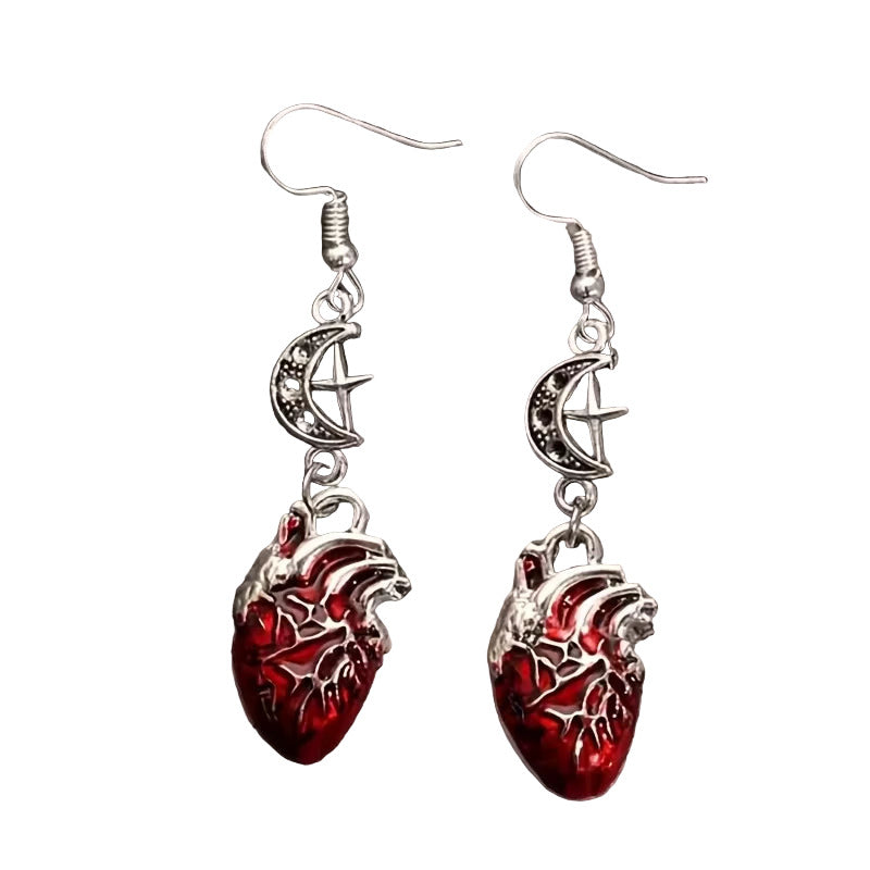 Unique Gothic Bat & Red Heart Pendant Necklace - Anatomical Heart Earrings,Perfect Halloween Accessory for Men, Retro Punk Style