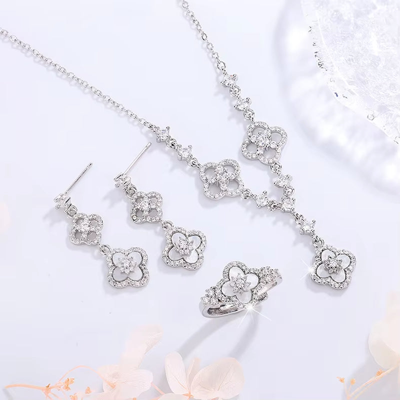 2025 New Exquisite Shiny Rhodium Plated Mother-Of-Pearl Hollow Four-Leaf Clover Pendant Necklace Ring - Women'S Jewelry Gift
