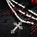 Gothic Multilayer Imitation Pearl Choker Necklace Women Vintage Red Black Crystal Cross Pendant Crystal Halloween Jewelry