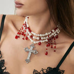 Gothic Multilayer Imitation Pearl Choker Necklace Women Vintage Red Black Crystal Cross Pendant Crystal Halloween Jewelry