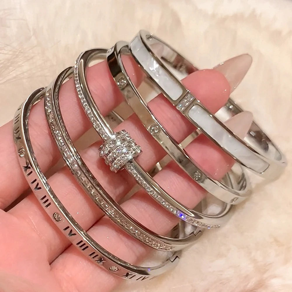 1Pc Titanium Steel Silver Bracelet, Fashionable Classic Style, Stainless Steel Bracelet,Inlaid with Zircon,For Womens Daily Wear