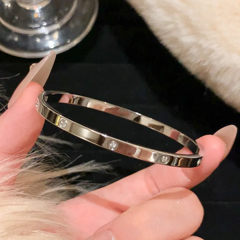 1Pc Titanium Steel Silver Bracelet, Fashionable Classic Style, Stainless Steel Bracelet,Inlaid with Zircon,For Womens Daily Wear