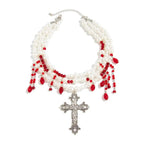 Gothic Multilayer Imitation Pearl Choker Necklace Women Vintage Red Black Crystal Cross Pendant Crystal Halloween Jewelry