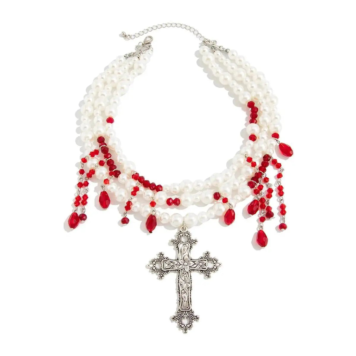 Gothic Multilayer Imitation Pearl Choker Necklace Women Vintage Red Black Crystal Cross Pendant Crystal Halloween Jewelry