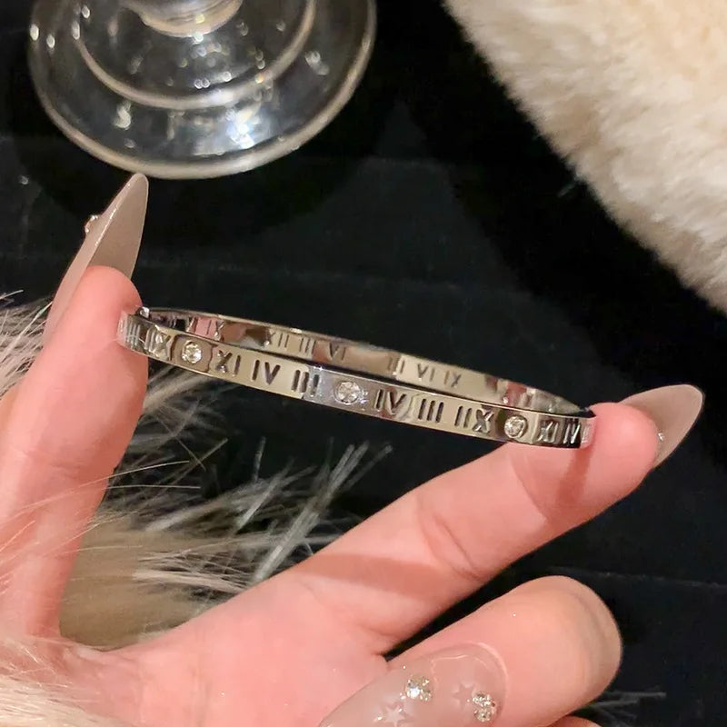 1Pc Titanium Steel Silver Bracelet, Fashionable Classic Style, Stainless Steel Bracelet,Inlaid with Zircon,For Womens Daily Wear