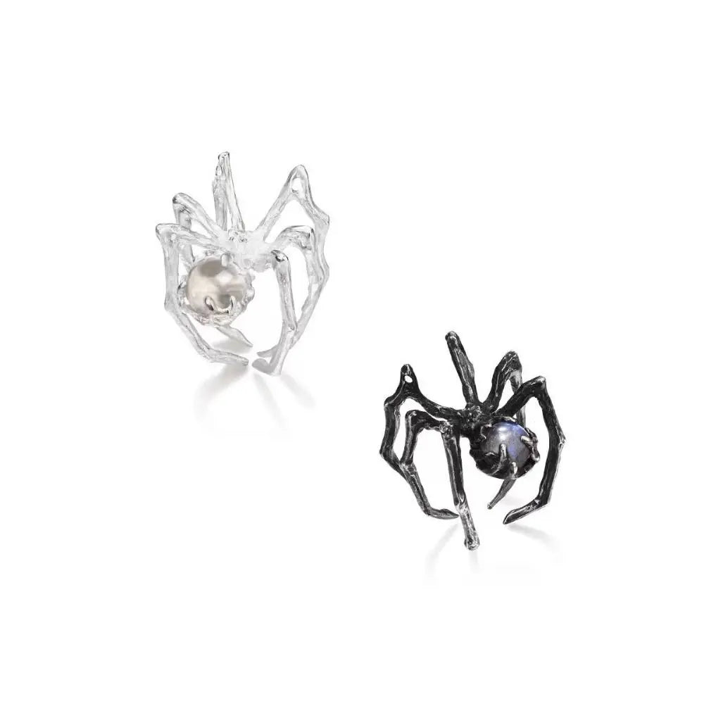 New Gothic Punk Dark Spider Open Ring Retro Moonstone Black Ring for Women Spider Finger Rings Jewelry Gift