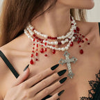 Gothic Multilayer Imitation Pearl Choker Necklace Women Vintage Red Black Crystal Cross Pendant Crystal Halloween Jewelry