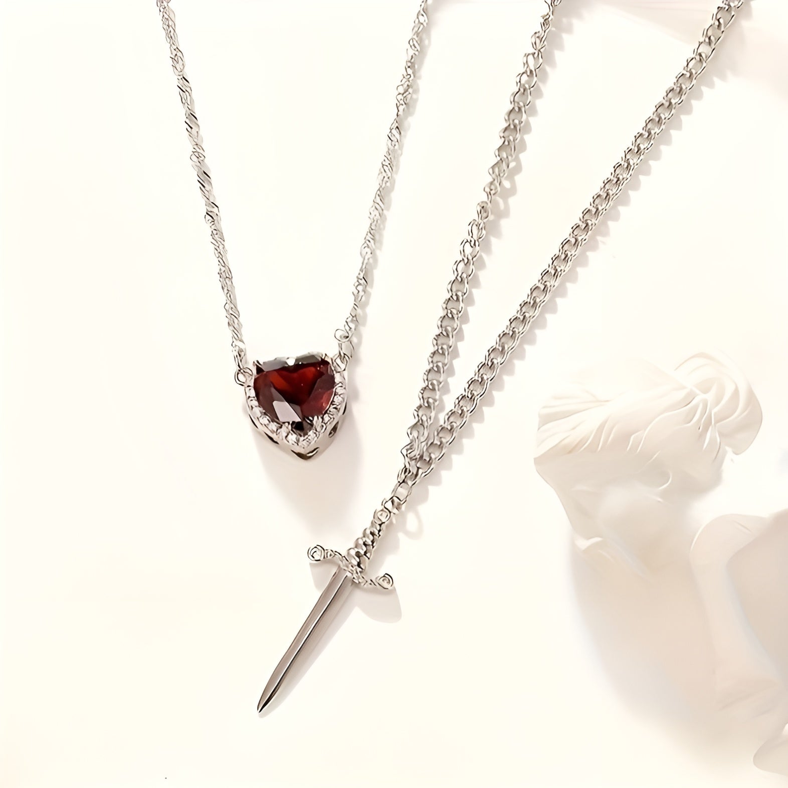 Heart & Dagger Necklace Set - Silver