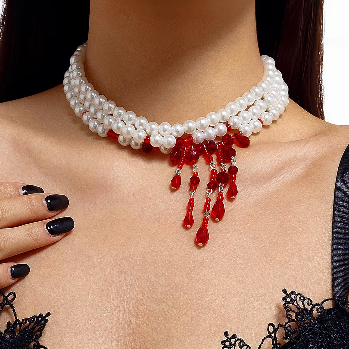 Multilayer Red Blood Pattern Imitation Pearl Tassel Pendant Necklace for Women Wed Bridal Beads Chain Halloween Jewelry