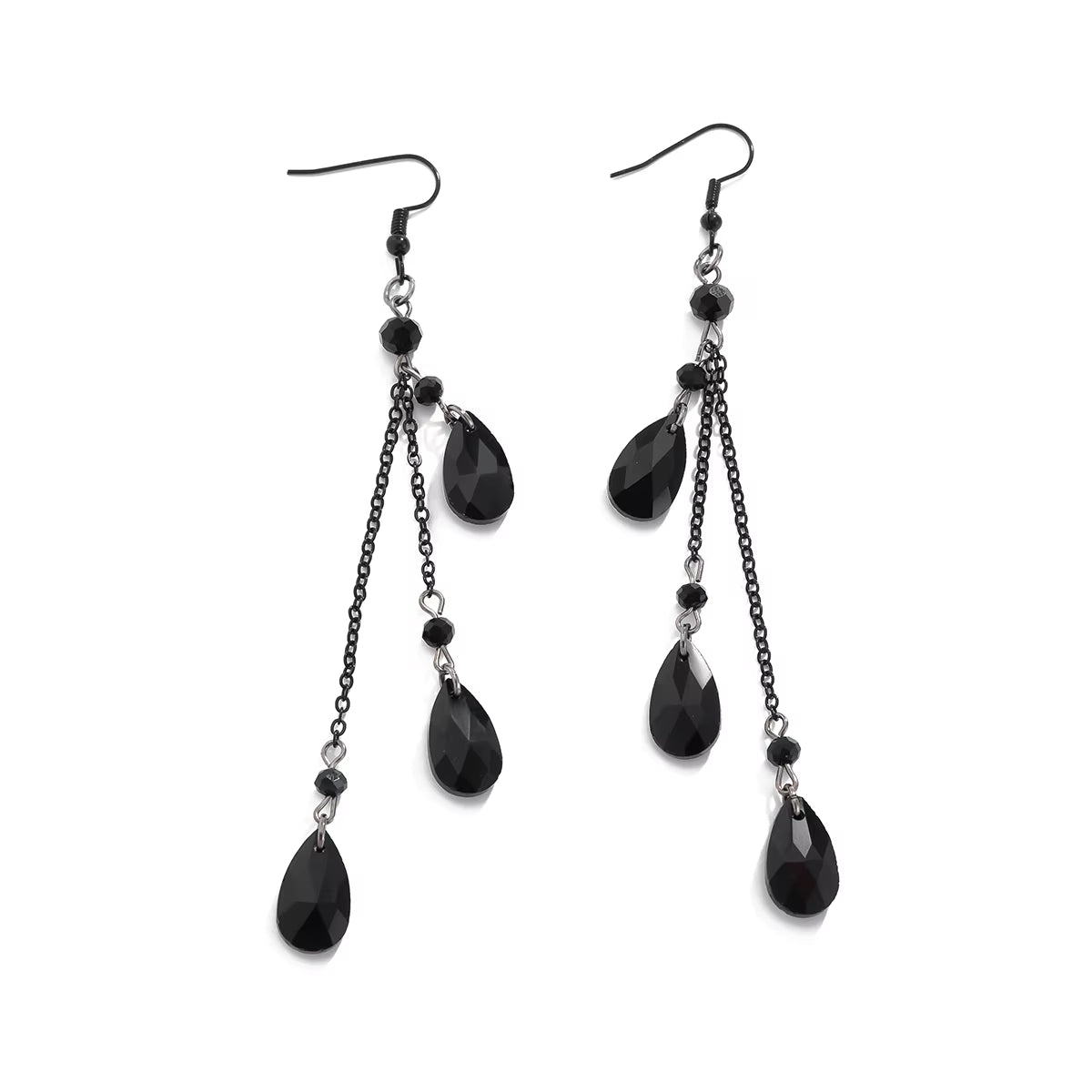Trendy Black Stone Chain Eardrop for Women Elegant Three Teardrop Shaped Stone Pendant Earrings Jewelry Accessories Gift