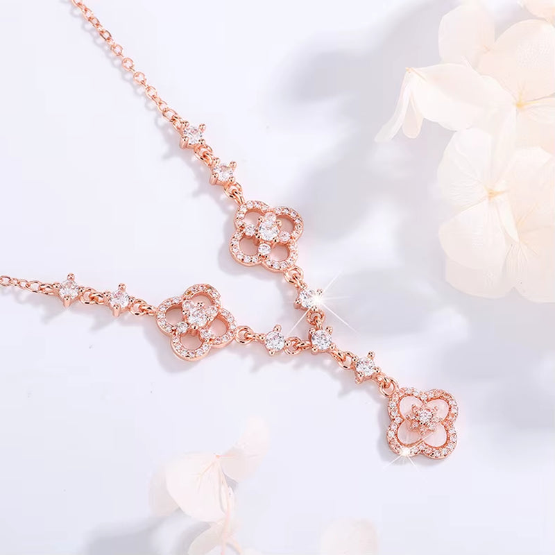 2025 New Exquisite Shiny Rhodium Plated Mother-Of-Pearl Hollow Four-Leaf Clover Pendant Necklace Ring - Women'S Jewelry Gift