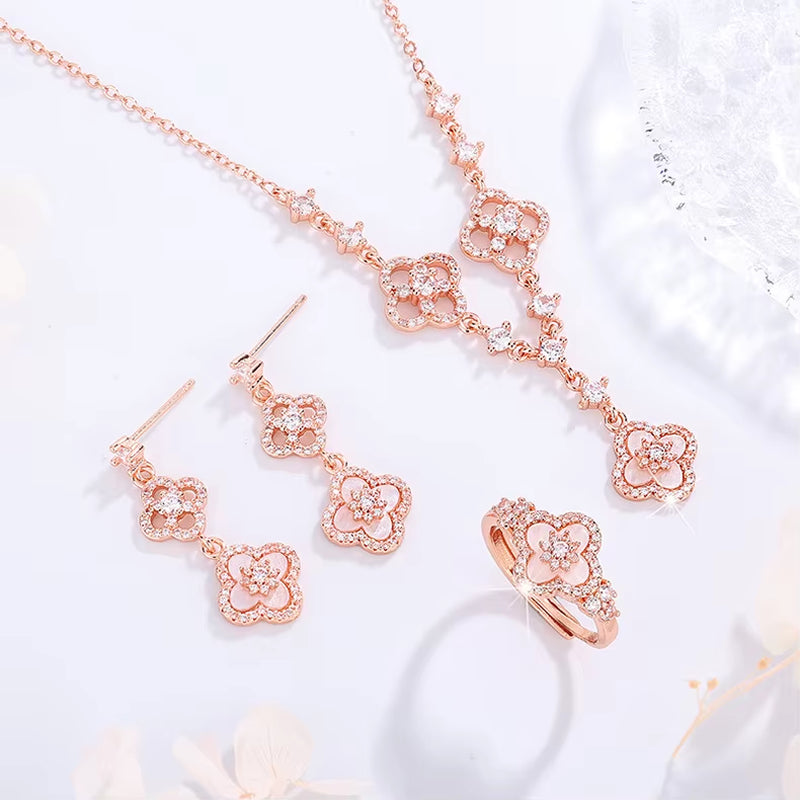 2025 New Exquisite Shiny Rhodium Plated Mother-Of-Pearl Hollow Four-Leaf Clover Pendant Necklace Ring - Women'S Jewelry Gift