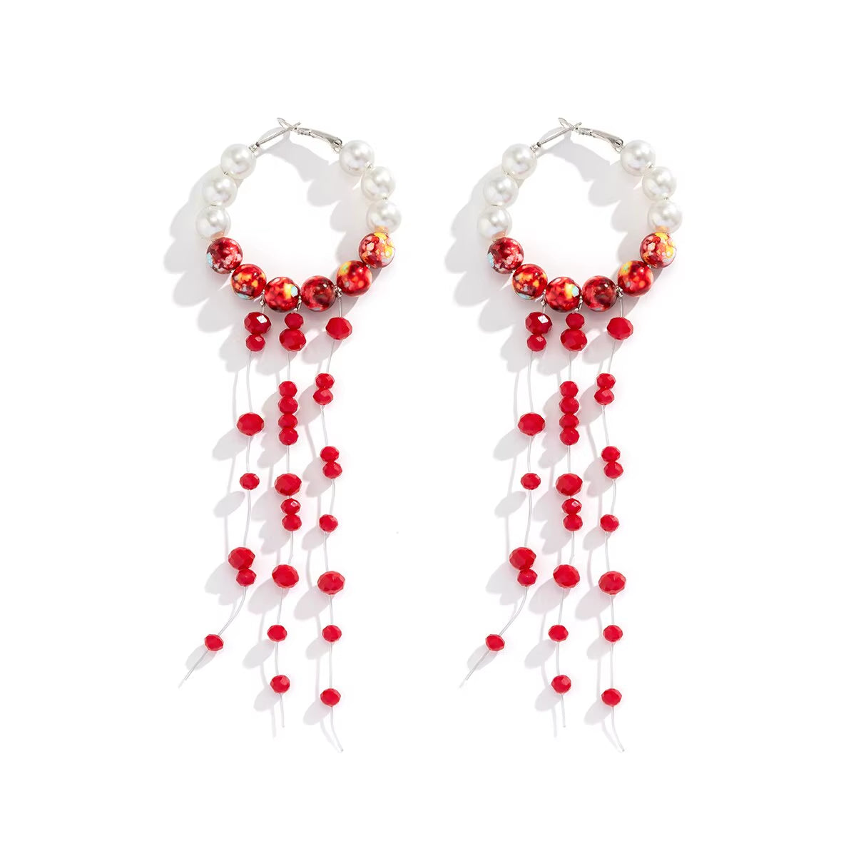 Long Tassel Red Blood Pattern Imitation-Pearl Chain Drop Earrings for Women Gothic Link Hanging Earrings Halloween Jewelry Gift