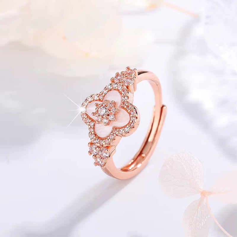 2025 New Exquisite Shiny Rhodium Plated Mother-Of-Pearl Hollow Four-Leaf Clover Pendant Necklace Ring - Women'S Jewelry Gift