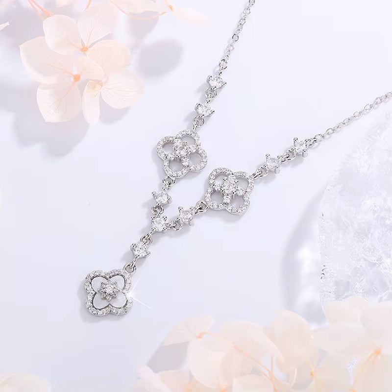 2025 New Exquisite Shiny Rhodium Plated Mother-Of-Pearl Hollow Four-Leaf Clover Pendant Necklace Ring - Women'S Jewelry Gift