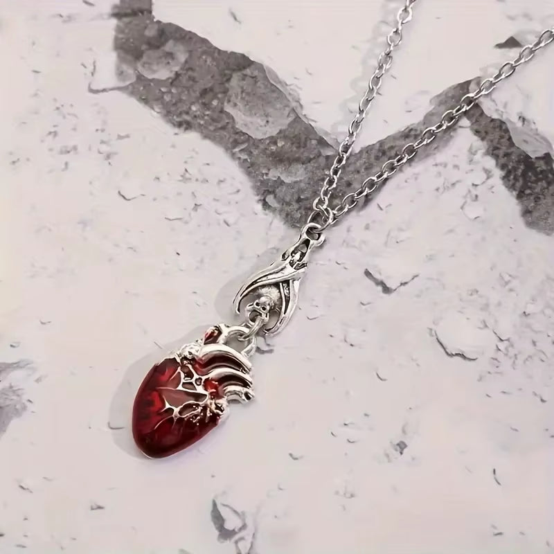 Unique Gothic Bat & Red Heart Pendant Necklace - Anatomical Heart Earrings,Perfect Halloween Accessory for Men, Retro Punk Style