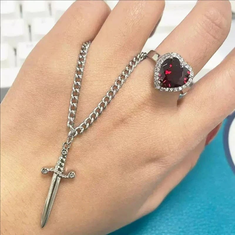 Heart & Dagger Ring and Bracelet Set - Silver