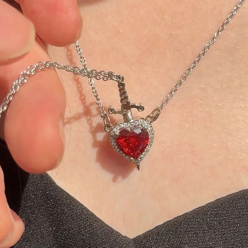 Heart & Dagger Necklace Set - Silver