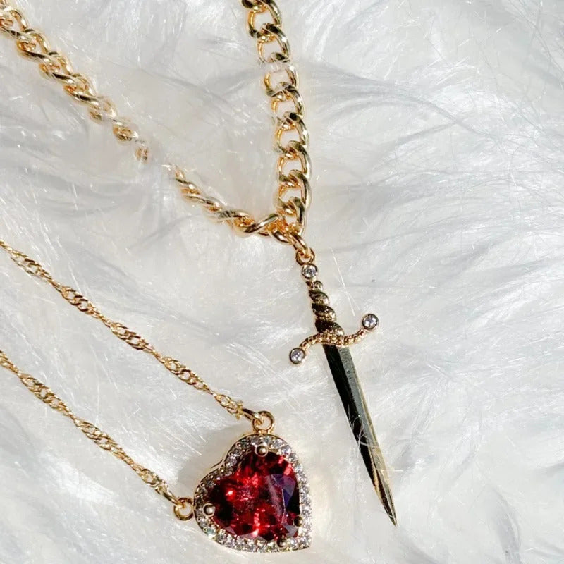 Heart & Dagger Necklace Set - Gold