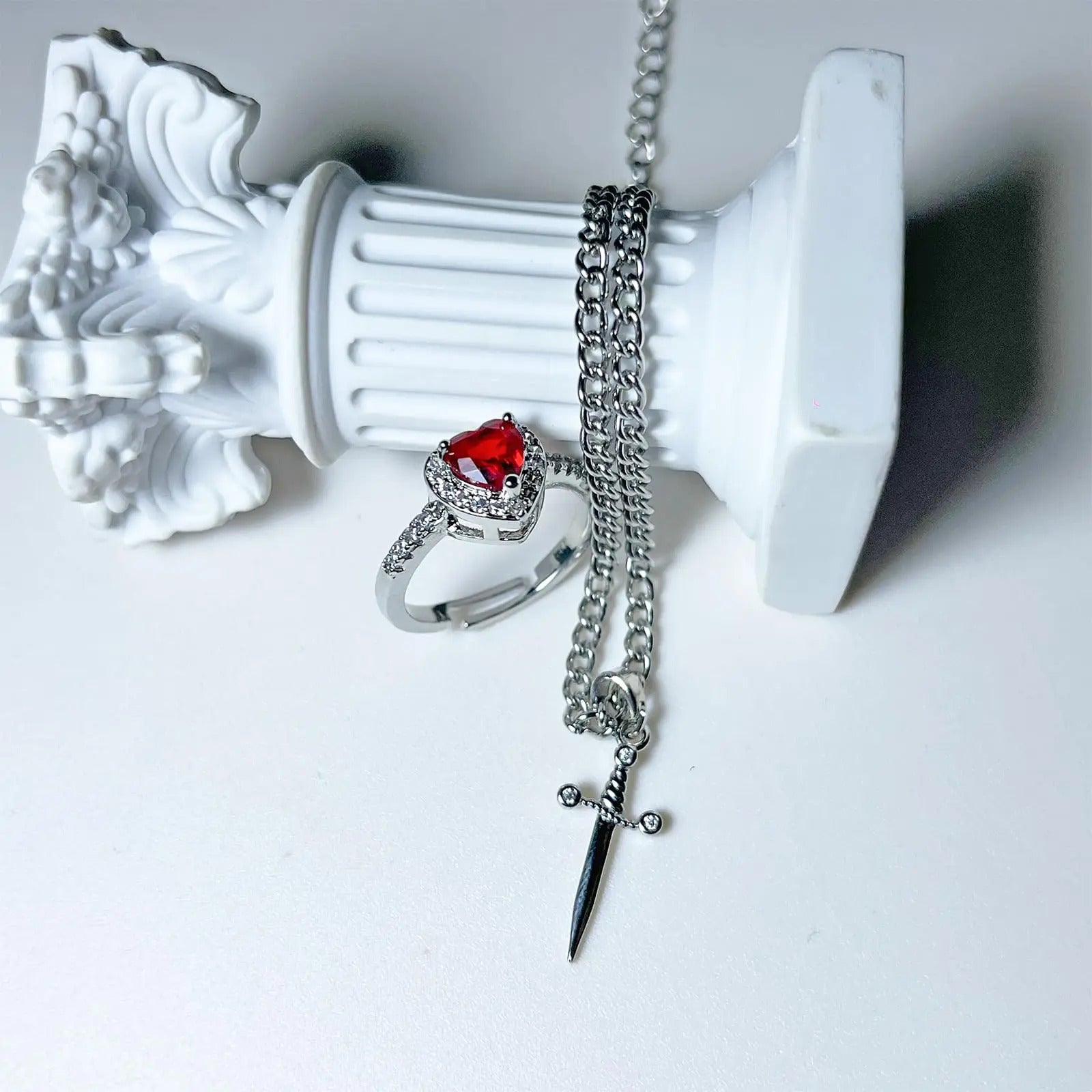 Heart & Dagger Ring and Bracelet Set - Silver