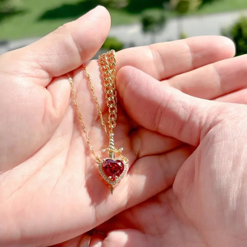 Heart & Dagger Necklace Set - Gold